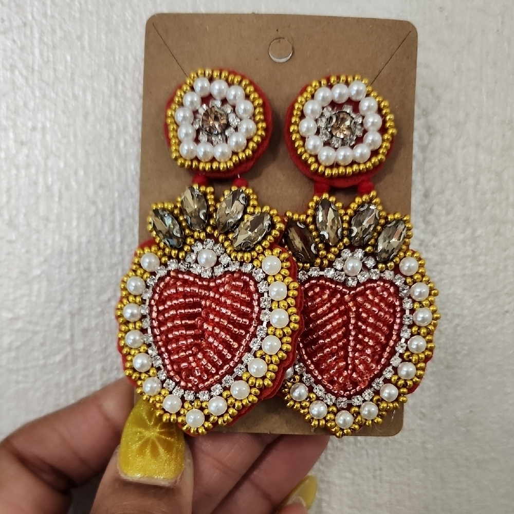 Red Gold Beaded Heart Drop Earrings Statement Rhinestone